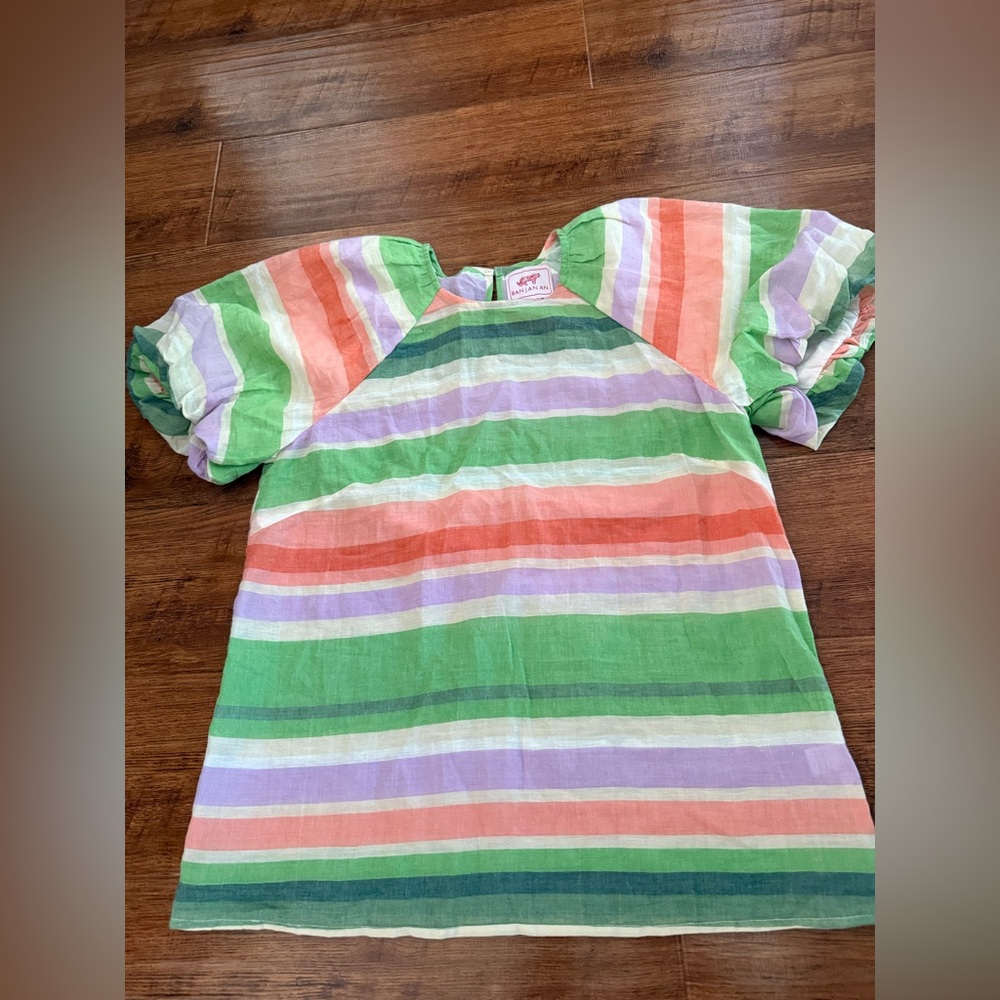 Banjanan Top green Pink Colorful Short puff Sleeve stripes- Medium